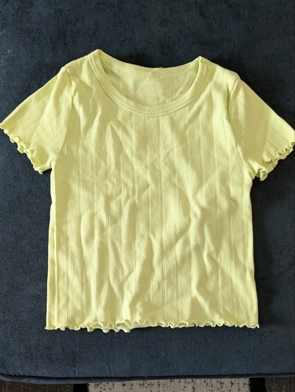 NWOT! No Comment Neon Yellow Green Ribbed Baby Tee w/ Scalloped Trim